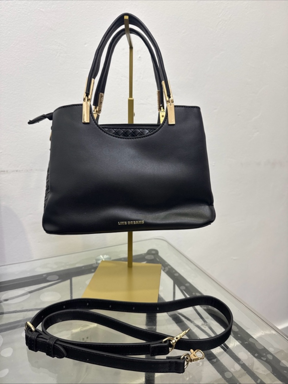 Live Dreams Black Leather Crossbody Tote with Gold Hardware